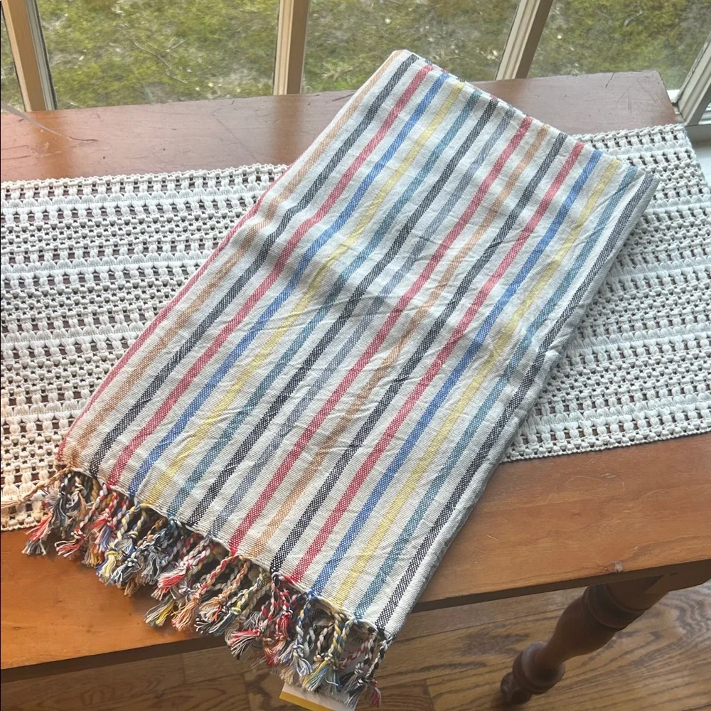 Striped Multicolor Tablecloth Hand Tied Tassels Hand Loom Weave Linen NEW